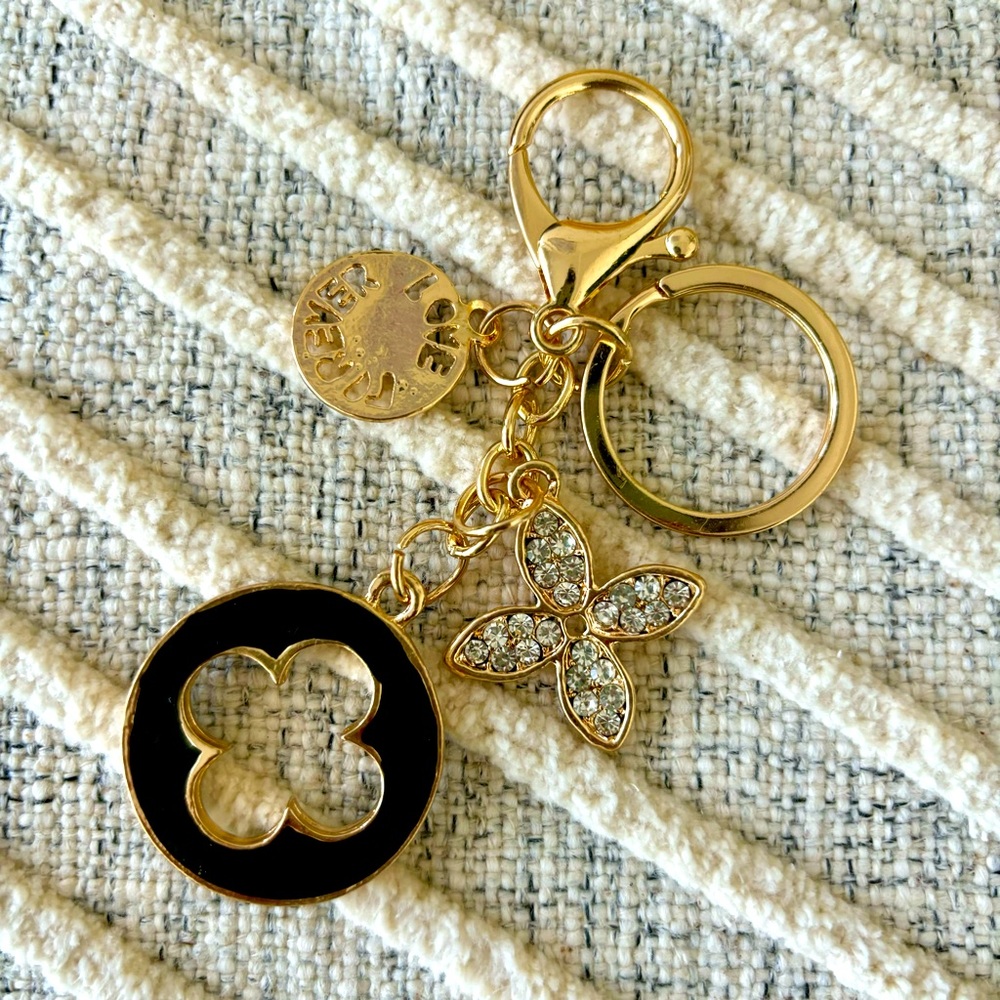 Cute Gold Black Diamond Floral Keychain Charm